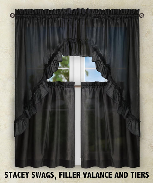 Ellis Curtain Stacey Sheer Tailored Tier Pair Curtains, 56" x 30", Black...