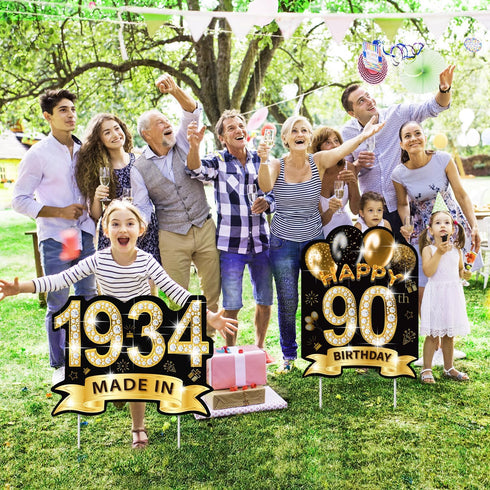 2Pcs 90th Birthday Yard Sign Decorations with Stakes, Large Size 16'' Black Gold Happy 90th Birthday Made in 1934 Waterproof Outdoor Lawn Signs De...
