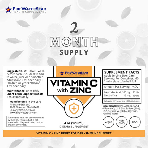 FWS Liquid Vitamin C + Zinc - Pure Ascorbic Acid + Zinc - 4oz - 120 Servings - Organic, Non-GMO, Vegan - Bioactive Vitamin C - Immune Support, Ski...