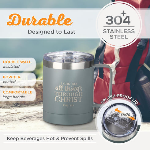 Christian Art Gifts Stainless Steel Double Wall Vacuum Insulated Camp Style Travel Mug 11 oz Gray Coffee Mug with Lid and Handle for Men and Women...