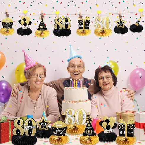 Outus 8 Pcs 80th Birthday Table Decorations for Men and Women Happy 80th Honeycomb Centerpieces Black Gold Cheers to 80 Years Decor 1945 Tables To...
