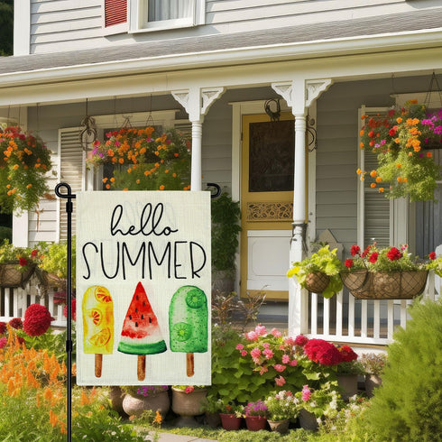 Hello Summer Ice Cream Garden Flag Burlap 12x18 Inch Ice Cream Popsicle Double Sided Seasonal Sign Outdoor Decor Yard Small Flags Decorative Flag ...