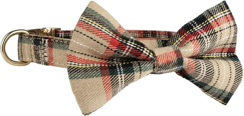 Scottish Tartan Bowtie Dog Collar with Detachable Bow Tie - Beige Plaid Dog Collar With Bowtie For Dogs And Puppies - Bowtie Dog Collar With Check...