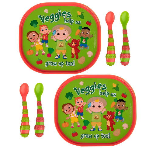 The First Years CoComelon Toddler Dinnerware Set - Plastic Dinnerware Set and Toddler Utensils - 2 Reversible Baby Plates and 4 Textured Baby Spoo...
