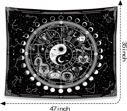 Twelve Constellation Tapestry,Black and White ?Sun and Moon ?Yin and Yang Tapestry Mystic Wall Hanging Tapestry for Home Decor (35"x47")...