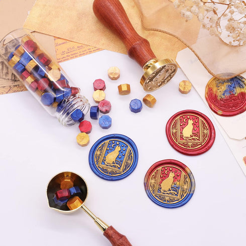 SWANGSA Starry Cat Wax Seal Stamp Kit with 60pcs Sealing Wax Beads, Wax Seal Melting Spoon and Gift Box, Great for Embellishment of Invitations, W...