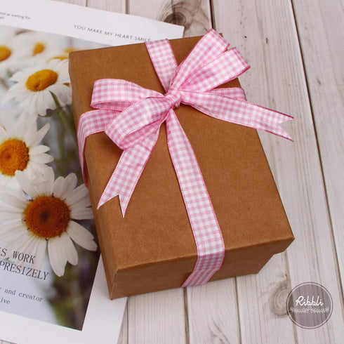 Ribbli Light Pink and White Gingham Ribbon,100% Polyester Woven Edge,5/8 Inch x 10 Yard,Plaid Ribbon Use for Baby Shower,Gift Wrapping,Party Decor...