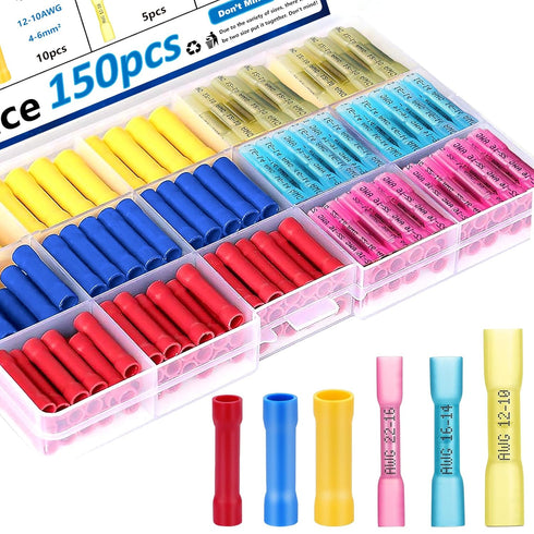 smseace 150Pcs Wire Butt Connectors 22-10AWG Heat Shrink Butt Connectors with Insulated Butt Connectors Insulated&Waterproof Butt Connectors for W...