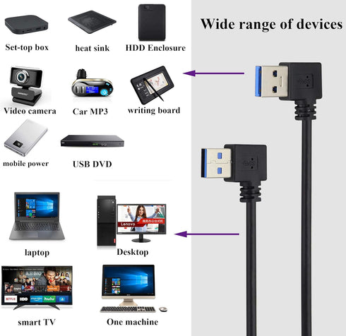 2 Pack Left & Right Angle USB 3.0 A Cable 90 Degree USB 3.0 Type A Male Transferring Data and Charging Extension Cable for Hard Drive,Printers,Mod...