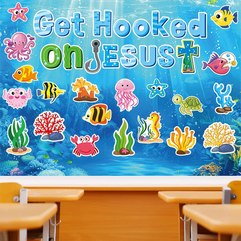gisgfim Ocean Fish Bulletin Board Decorations with Background Paper Christian Sea Animals Cutouts Under The Sea Jesus Classroom Decor for Kids Sun...