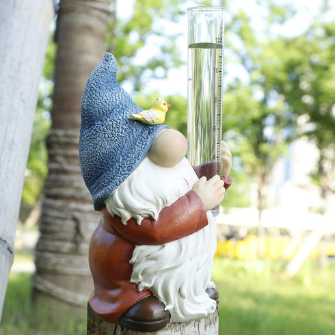 FORUP Resin Gnome Rain Gauges, Resin Gnome Garden Statue with a Plastic Rain Gauge, Hand Painted Gnome Sculpture Water Gauge for Rain...