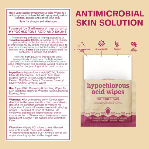 BASE LABORATORIES Hypochlorous Acid Wipes | Saline Solution and HOCl Infused Wound Cleaning Wipes for Skin & Face | Cleanses, Sanitizes & Soothes ...