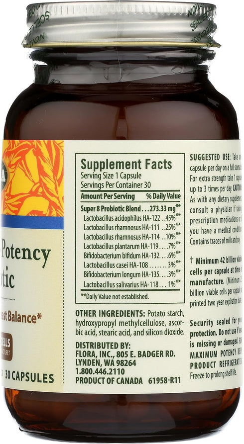 Flora Super 8 Hi Potency Probiotics 30 Count - Healthy Yeast Balance & Digestive Health - for Men & Women - 42 Billion CFU, Raw, Gluten Free - Up ...