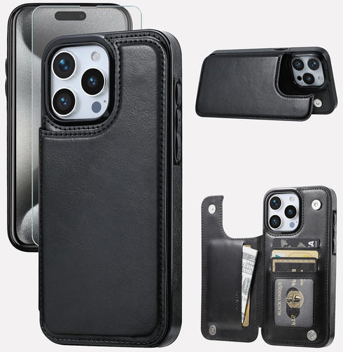 Wallet Case Compatible with iPhone 15 Pro Max(6.7"),Slim Protective case with Card Holder with 1 Screen Protective Glass,Premium PU Leather Kickst...