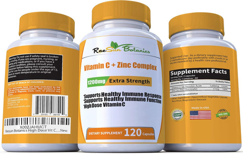 High Dose Extra Strength 1200mg Vitamin C + Zinc Complex for Immune Support Health 120 Capsule 2 Month Supply Veggie Capsule Non-GMO Gluten Free V...