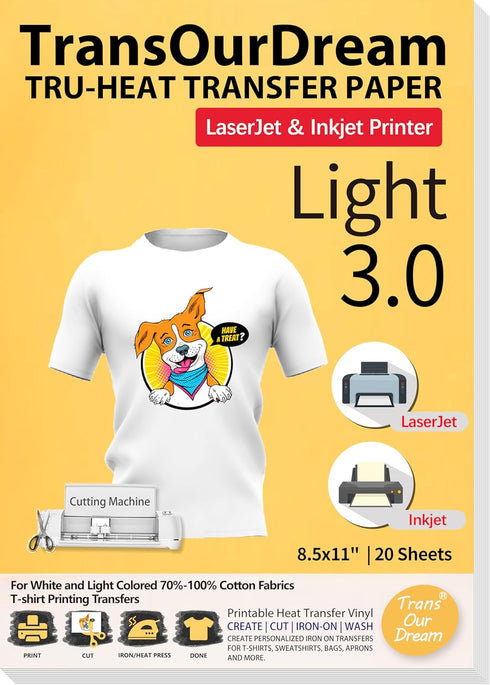 TransOurDream Tru-Heat Transfer Paper for Inkjet & Laserjet Printer (20 Sheets 8.5x11, 3.0) Printable HTV Heat Transfer Vinyl for T Shirts Iron on...