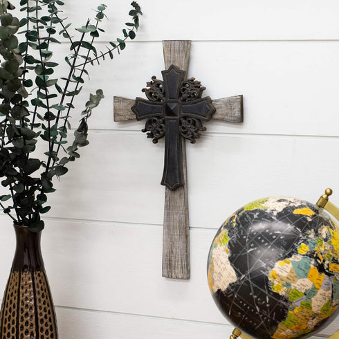 Dicksons Antiqued Intricate Double Layer 15 Inch Wood and Metal Decorative Hanging Wall Cross...