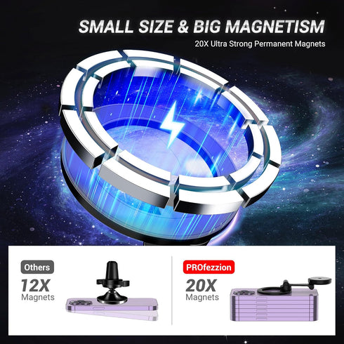 PROfezzion Magnetic Car Phone Mount, 2 x 180 Folding & Double 360 Rotating, Designed for iPhone 15/14/13/12 Series, 2023 Upgraded Super Magnets, 3...