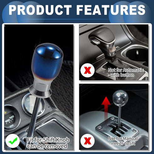 Shift Knob, 8cm Universal for Automatic and Manual Vehicle Gear Shifter Knob with 3 Adapter Titanium Alloy Burnt Blue, 1 Set...