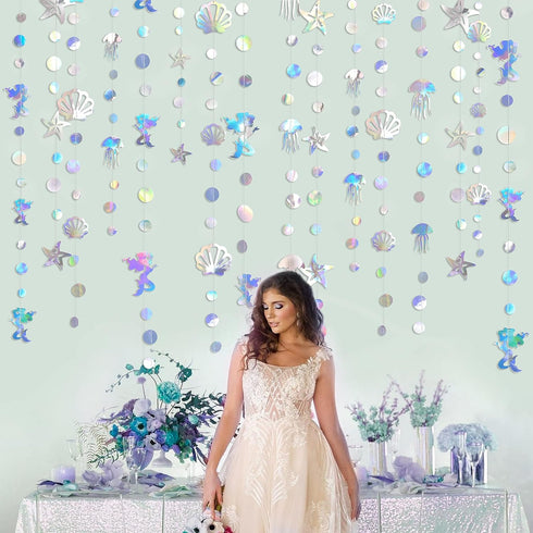 40 Ft Iridescent Mermaid Garland with Jellyfish Seashell Starfish Pearl Holographic Paper Streamer for Little Mermaid Rainbow Theme Birthday Bache...