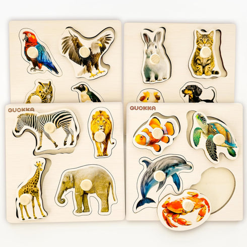 QUOKKA Wooden Puzzles for Toddlers 1-3 – 4 Set Pegged Puzzles for Kids Ages 2-4 – Animal and Birds Learning Toy for Kids – Gift Realistic Educatio...