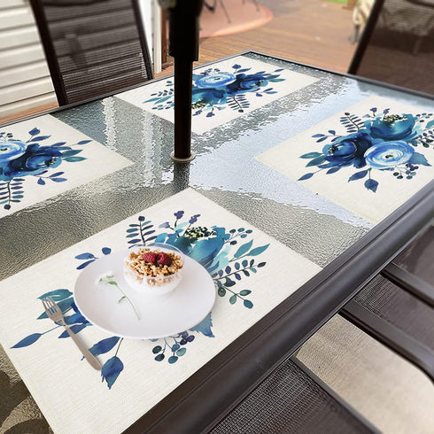 Shrahala Indigo Blue Hand Floral Bouquet Placemats, Watercolor White Flowers Table Mat Linen Burlap Washable Double-Deck Heat Insulation for Dinin...
