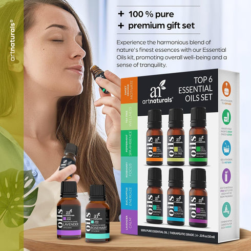 ArtNaturals Aromatherapy Top-6 Essential Oil Set - (6 x 10ml Bottles) - 100% Pure of The Highest Therapeutic Grade - Premium Gift Set – Lavender, ...