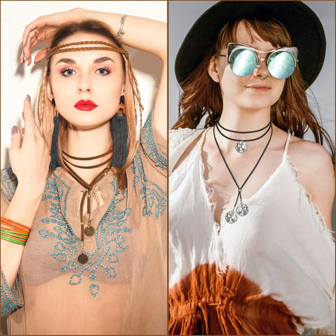6 Pcs Boho Layered Suede Necklace Long Suede Choker Necklace Black Brown Suede Choker with for Women Teen Girls Jewelry birthday Gift...