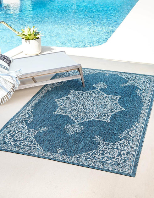 Unique Loom Outdoor Traditional Collection Area Rug - Antique (2' x 3' 1" Rectangle Teal/Ivory)...