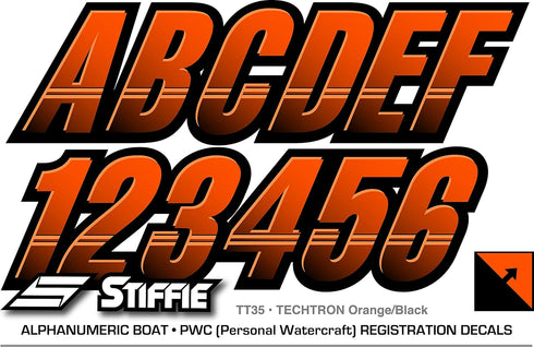 STIFFIE Techtron Orange/Black 3" Boat & PWC Registration Decals • Numbers Letters Stickers...