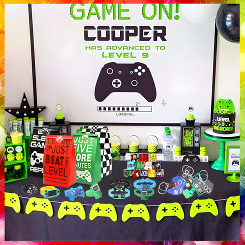 110 Pcs Video Game Party Favors, Gamer party Favors - 12 sets of Gaming Birthday Goodie Bags Included Gift Bags, Game Keychain, Slap Bracelet, Sti...
