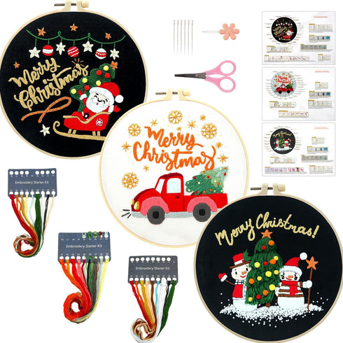 3 Sets Christmas Embroidery Starter Kit with Pattern for Beginners, Embroidery Kits with Christmas Pattern, Cross Stitch Set with Plastic Embroide...