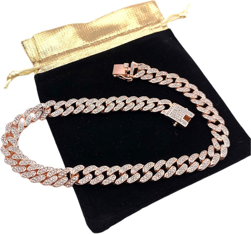 Elegant Sturdy 16 in Collar Cuban Link with Secure Buckle Pet Metal Rose Gold diamond Chain Dog Collar for Medium Large Dogs...