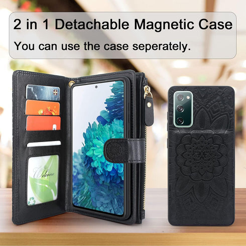 Harryshell Detachable Magnetic Zipper Wallet Leather Case Cash Pocket with 12 Card Slots Holder Wrist Strap for Samsung Galaxy S20 FE 5G (2020) Fl...