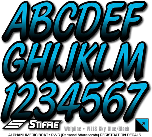 STIFFIE Whipline Sky Blue/Black 3" Boat & PWC Registration Decals • Numbers Letters Stickers...