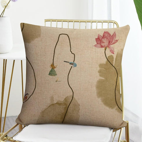 Chinoiserie Throw Pillow Cover Lotus Ink Painting Flowers Pillow Cases Farmhouse Home Decor for Room Couch Patio Porch Outdoor 18"x18"...