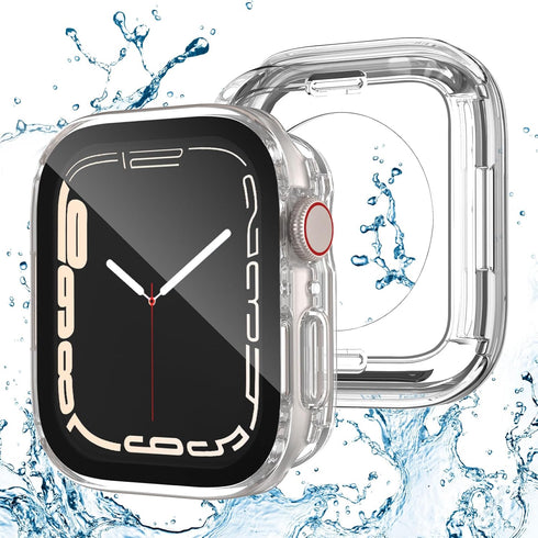 2 Pack Waterproof Case for Apple Watch Series 9 8 7 45mm Screen Protector, 2 in 1 Full Protective 9H Glass Face Cover Front & Back Hard PC Bumper ...