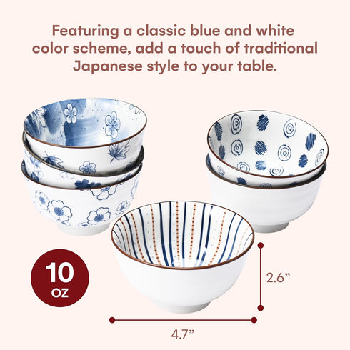 Japanese Rice Bowls Set of 6 - Porcelain Cereal Bowl in Vintage Blue White Design - Stackable Ceramic Dinner Set for Rice, Salad & Soup - Microwav...