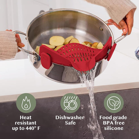 Kitchen Gizmo Snap N Strain Silicone Pot Strainer - Adjustable Clip-On Pasta Strainer for Pots, Pans, and Bowls - Large Red Kitchen Colander...