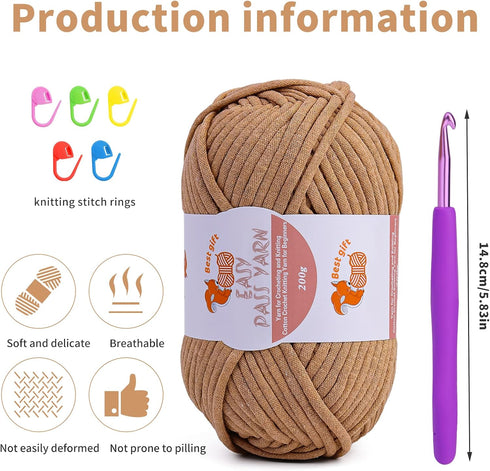 Yarn for Crocheting -200g Beginners Chunky Cotton Yarn Easy-to-See Stitches Thick Worsted Yarn for Knitting Craft -Khaki......