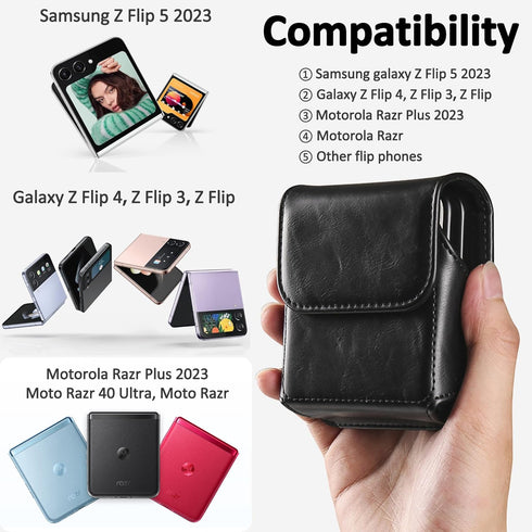 for Samsung Galaxy Z Flip 5/4/3 Phone Pouch Holster Belt Case, Leather Pouch with Belt Clip for Phone Holster Case for Motorola Razr Plus, Moto Ra...