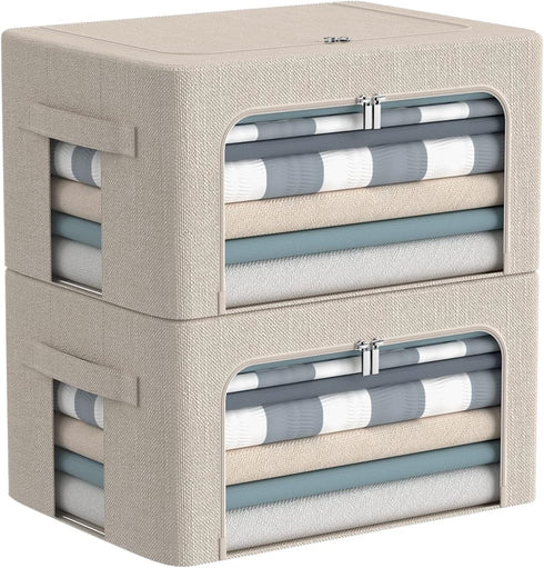 Clothes Storage Bins Box - Linen Fabric Foldable Stackable Container Organizer Set with Clear Window & Carry Handles & Metal Frame - 2Pack Large C...