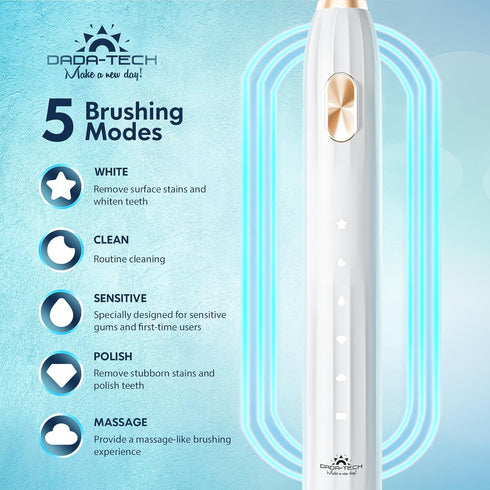 DADA-TECH Electric Toothbrush for Adults and Kids, Sonic Toothbrush Rechargeable with 9 Brush Heads, 5 Modes and 2 Minutes Smart Timer, 4Hours Cha...