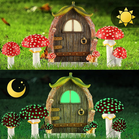 Fairy Door and Mushrooms for Garden, Glow in The Dark Fairy Garden Decor Accessories, Fairy Wild Garden Accessories Resin Miniature Garden Accesso...