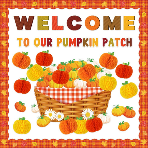 79Pcs Fall Bulletin Board Decoration Set Pumpkin Basket Cut-Outs Welcome to Our Patch Honeycomb Balls Border Trims for Autumn Thanksgiving Party D...