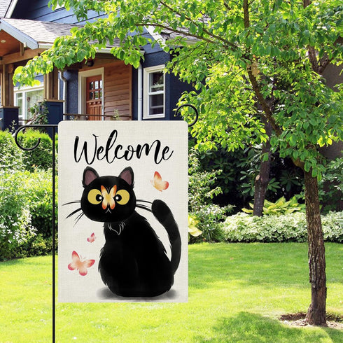 Welcome Black Cat Decorative Garden Flag, Cute Kitten Butterfly Home Yard Outdoor Decor Cat Lover Gifts, Spring Summer Seasonal Small Outside Deco...