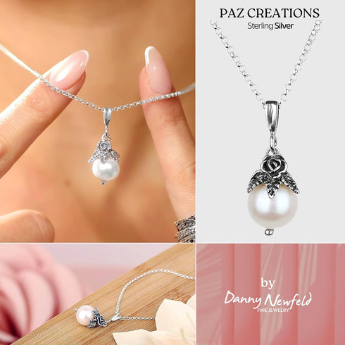 Paz Creations 925 Sterling Silver Pearl Pendant Necklace with Round Ball-Shape White Freshwater Pearl and Handcrafted Floral Cap - Natural Elegant...
