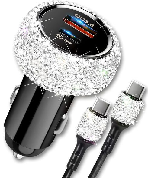 Bling USB C Car Charger, 38W PD + QC Dual Port Fast Charging Adapter with 3.2FT Type-C Charging Cable Compatible for iPhone 15 Pro Max iPad Androi...