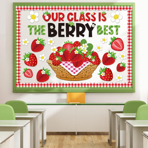 85 Pcs Fruit Bulletin Board Set Strawberry Classroom Decorations 3D Strawberry Honeycomb Balls Flower Berry Cutouts for Summer Holiday Back to Sch...