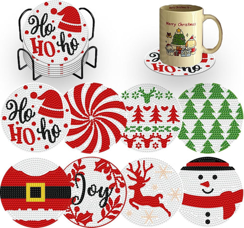 8 Pcs Christmas Diamond Art Coasters Kits with Holder DIY Christmas Diamond Art Coaster for Adults Diamond Kits Supplies for Christmas...